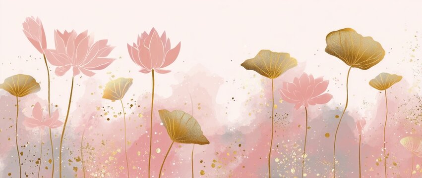 Fototapeta Abstract lotus flower line art background in soft pastel pink and gold colors, an elegant and simple design with lotus silhouettes Generative AI