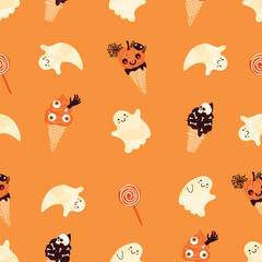 Halloween seamless pattern with ice cream and cute flying ghost. Sweet dessert decorated with pumpkin, skull, bones, eyes, zombie hand, spider with web. Vector cartoon objects on orange background.