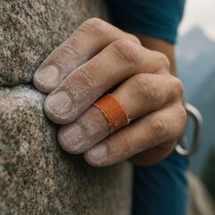 Obraz premium Chalked hand of young caucasian male climber gripping rock with tape wrapped finger