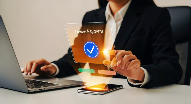 Woman interacts with digital online payment interface on her phone and laptop. A modern display of finance and technology. Seamless transactions, secure payment.