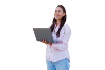 Professional businesswoman smiling confidently, carrying laptop, gazing sideways against clean transparent backdrop