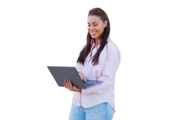 Professional businesswoman working on laptop, cheerful expression, transparent background highlighting technology workspace