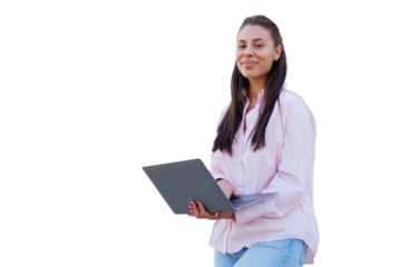 Professional female executive typing on laptop, working from home office with transparent backdrop, streamlining digital workflow
