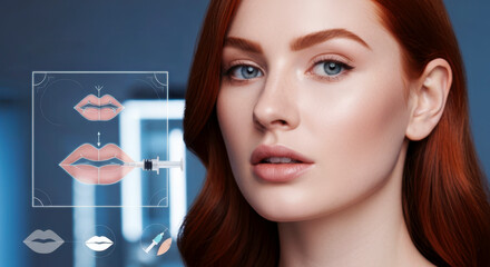 Woman getting lip filler injection with graphic overlay. A conceptual close-up conveying beauty enhancement. Cosmetic procedure, medical aesthetics, skin rejuvenation.