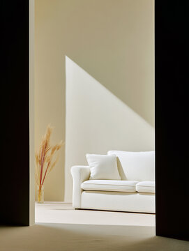 Minimalist living room with white sofa and pampas grass