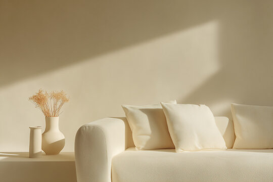 Minimalist living room decor with cream sofa and vases