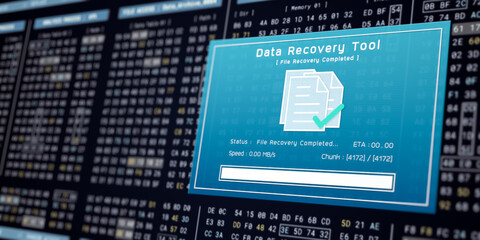 Data recovery process screen on cloud storage server, database protection backup for restore secure file sharing network, cyber security software technology illustration, retro computer monitor UI