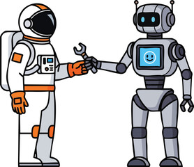 Fototapeta premium Astronaut and Robot Handshake Vector Illustration – Space Cooperation and Technology Concept