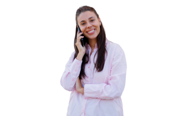 Cheerful businesswoman in pink shirt is making a phone call and smiling with transparent background