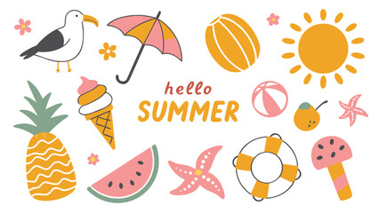 Hello Summer Flat Vector Summer Icon Set with Fruits, Ice Cream, Umbrella, Lifebuoy, Flip-Flops, Tropical Elements, Animals in Playful Minimal Style
