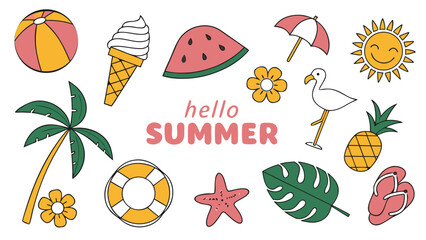 Hello Summer Flat Vector Summer Icon Set with Fruits, Ice Cream, Umbrella, Lifebuoy, Flip-Flops, Tropical Elements, Animals in Playful Minimal Style