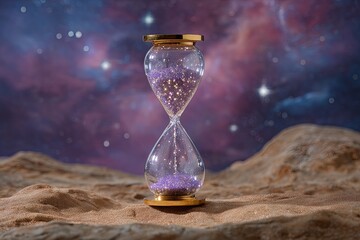 Hourglass with Purple Glitter Sand on a Sandy Landscape Against a Starry Nebula Sky Symbolizing Time and the Universe