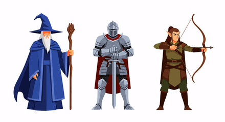 Naklejka premium A set of three classic fantasy characters: a wizard in a blue robe, a knight in full armor, and an elf archer.