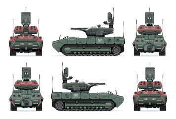 Tank support fighting vehicle BMPT heavy military weapon model realistic highly detailed flat vector set illustration