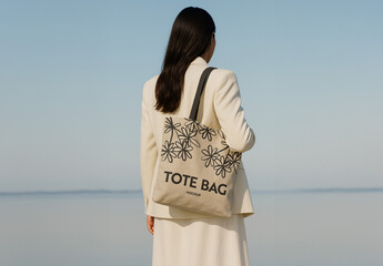 Mockup of Woman Holding Tote Bag on Shoulder