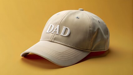 Beige baseball cap with dad embroidered on it, set against a plain yellow background