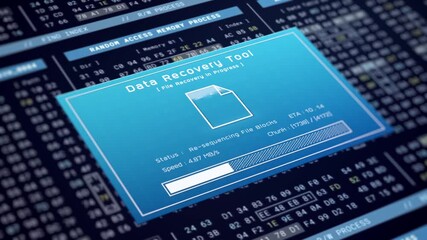 Data recovery process screen on cloud storage server, database protection backup for restore secure file sharing network, cyber security software technology, retro binary computer repair monitor UI - Powered by Adobe