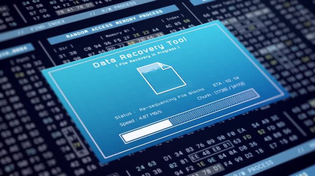 Data recovery process screen on cloud storage server, database protection backup for restore secure file sharing network, cyber security software technology, retro binary computer repair monitor UI - Powered by Adobe