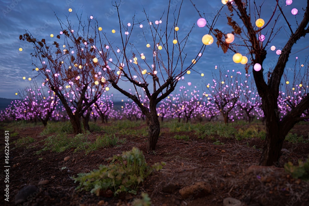 Poster enchanted orchard at twilight rows of trees adorned with glowing spheres creating a magical and drea