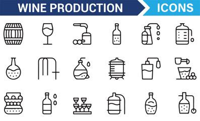 Set of Wine Production Icons for Winemaking and Vineyard Projects