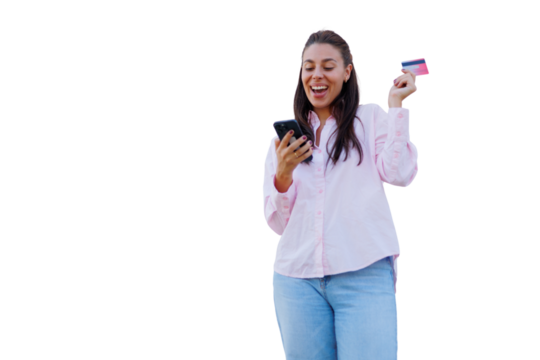 Smiling consumer completing online transaction, holding smartphone and credit card against transparent backdrop