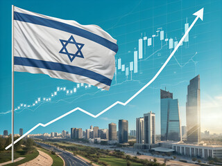 Israeli flag and upward stock chart over modern city skyline