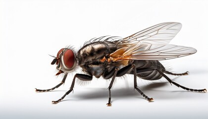 Obraz premium a fly is captured from a side angle showcasing its detailed body structure large eyes and delicate wings against a plain white background emphasizing its unique features