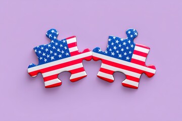 Two Puzzle Pieces Featuring the American Flag Symbolizing Unity and Connection on a Light Purple Background