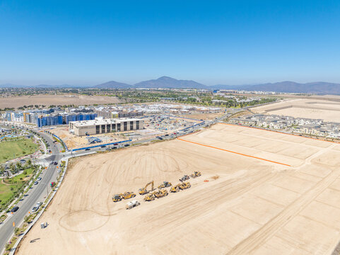 New development real estate. Aerial view of residential houses and driveways neighborhood in south San Diego, Chula Vista. Packed homes. Top view over private houses