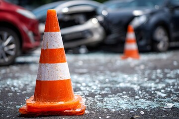 A traffic cone marks the scene of a car accident with shattered glass on the road. Two damaged vehicles are visible in the background, highlighting the aftermath of the collision