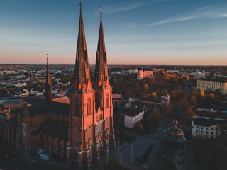 Aerial views of Uppsala Cathedral in Uppsala, Sweden