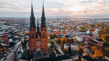 Aerial views of Uppsala Cathedral in Uppsala, Sweden