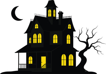 Haunted house with glowing yellow windows, spooky tree silhouette, Halloween scary night illustration, creepy ghost mansion design for horror background art