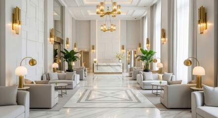 A spacious, modern hotel lobby boasts elegant light fixtures, soft beige sofas, and a polished marble floor.