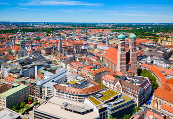Marienplatz aerial panoramic view in Munich city, Germany
