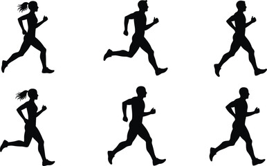 Running man and woman silhouettes, jogging fitness icons, athlete training, sport exercise poses, workout illustration, marathon runner editable vector