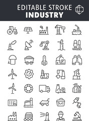 Industry icons set, factory, construction, engineering, mining, oil, energy, manufacturing, transportation, tools, agriculture, industrial equipment, editable stroke