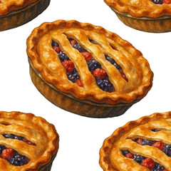 Seamless pattern of berry pie. Watercolor style. Dessert with juicy berries, sweet crust and artistic texture. Perfect for food design, stickers, menus. Vector