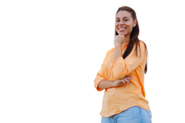 Confident businesswoman leaning forward, supporting chin on hand, expressing warmth with genuine smile during professional studio portrait
