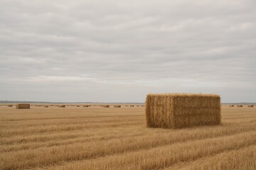 Fototapeta premium Golden hay bales scattered across an expansive field under a cloudy sky