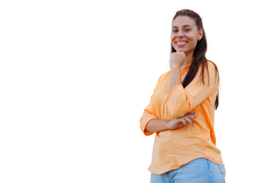 Confident businesswoman leaning forward, supporting chin on hand, expressing warmth with genuine smile during professional studio portrait