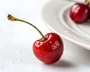A single fresh cherry with water droplets sits on a white plate in close-up