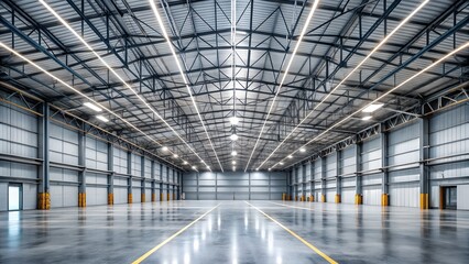 Spacious and modern industrial warehouse interior with high ceiling and bright lighting, ready for storage and logistics operations