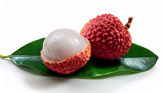 ripe lychee fruits with bumpy red skin and moist white pulp resting on fresh green leaves