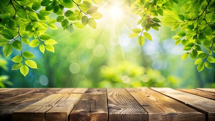 Closeup of a rustic wooden table surface with vibrant green leaves and bright sunlight filtering through in the background