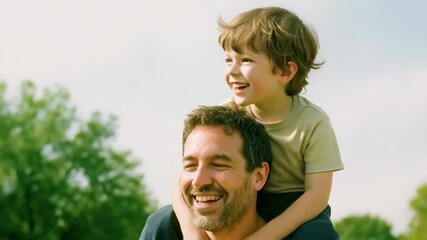 A joyful father and son outdoors, with the son on the father's shoulders. Captured from a low angle, the scene evokes a heartwarming video feel.