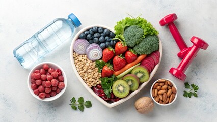 Healthy food arranged in a heart shaped bowl with a water bottle and weights on a light surface