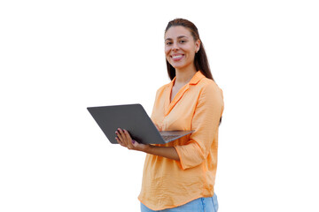 Businesswoman smiling, gripping laptop, standing against transparent backdrop, ready for seamless graphic design integration