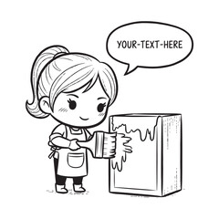 Cute Cartoon Girl in Apron Painting Furniture with Brush and Speech Bubble