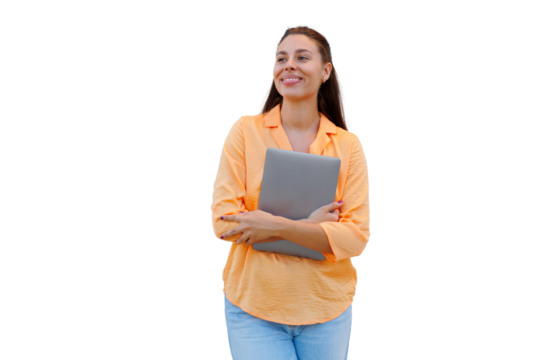 Smiling woman holding a laptop and gazing away, exuding confidence and positivity, isolated on a transparent background